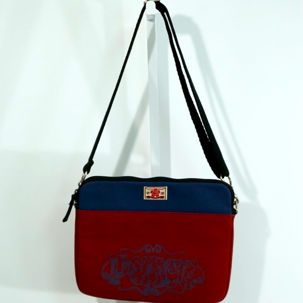 Lucky Brand Canvas Crossbody Messenger Bag Red & Navy Logo Patch Laptop